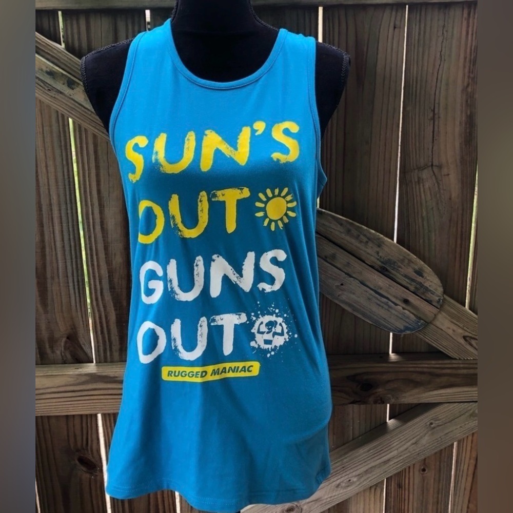 Blue Sleeveless Athletic Tee “Suns Out Guns Out”Size M